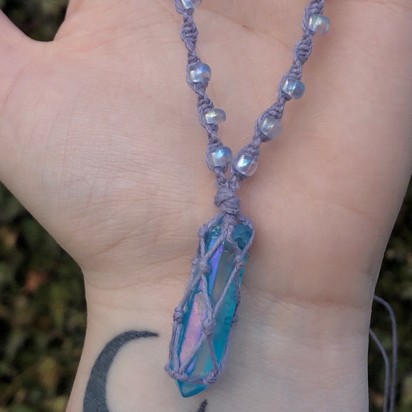 Aqua Aura Quartz Macrame Beaded Necklace - Picture 5 of 8